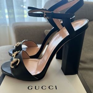 Gucci Sandals, black with gold hardware with box
